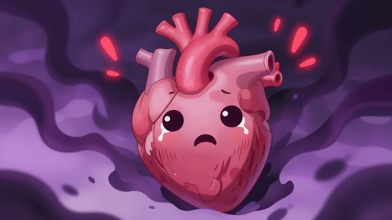 Distressed kawaii heart character surrounded by dark shadows
