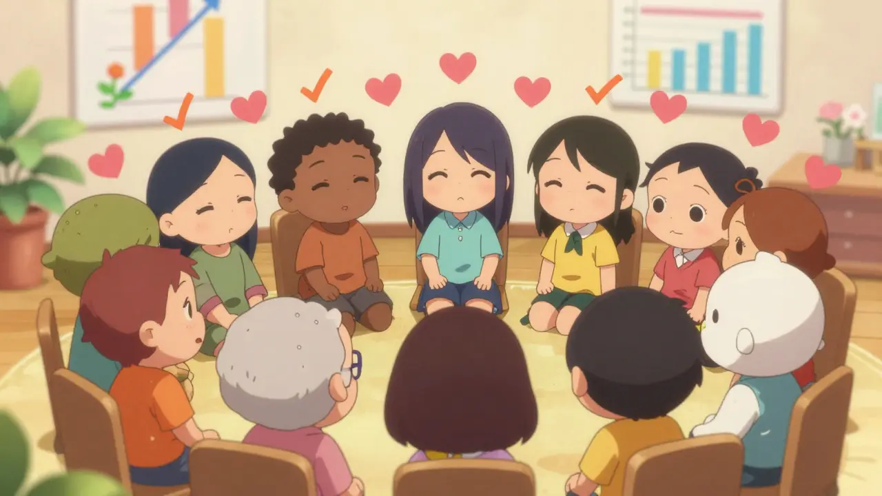 Diverse kawaii characters bonding over trust in generic drugs with hearts