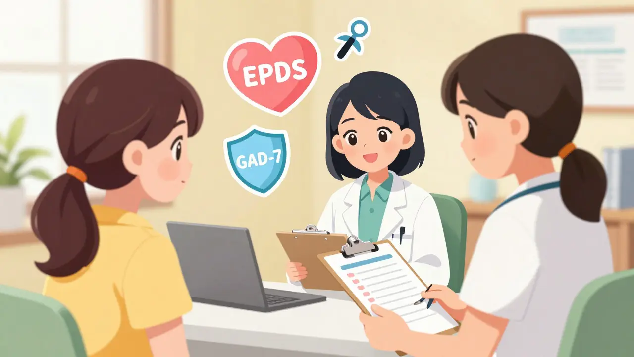 Doctor discussing screening tools with mother in manga style