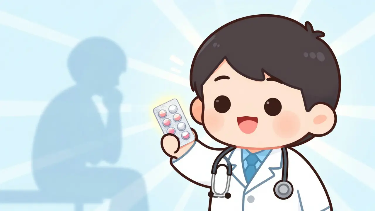 Friendly chibi doctor holding safe blister pack of medicine