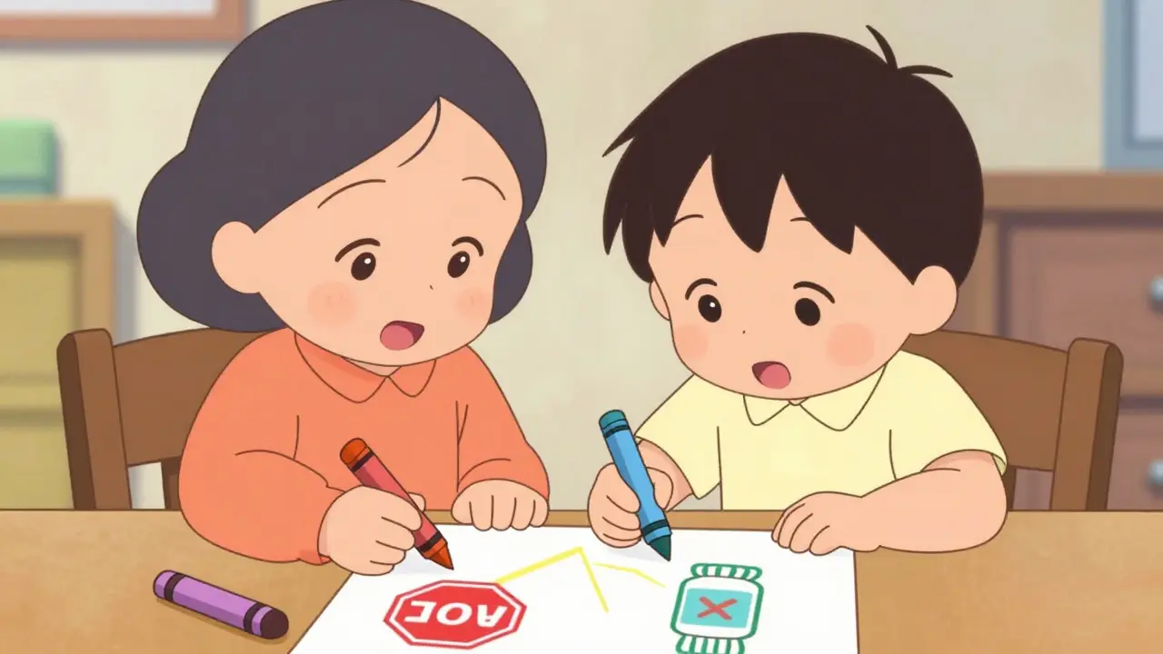Grandma and child drawing medicine safety poster