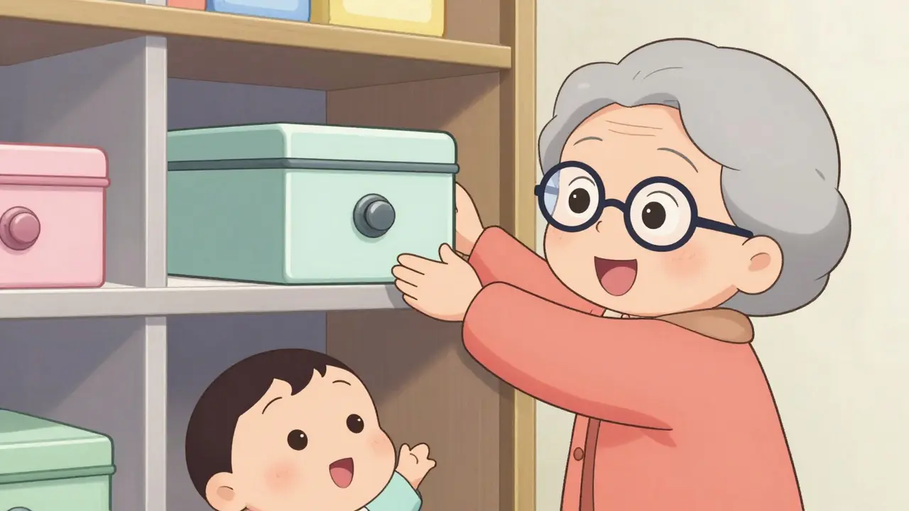 Grandmother placing locked med box on high shelf