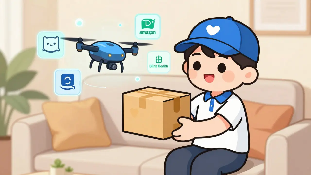 Happy character receiving a discreet medicine package at home.