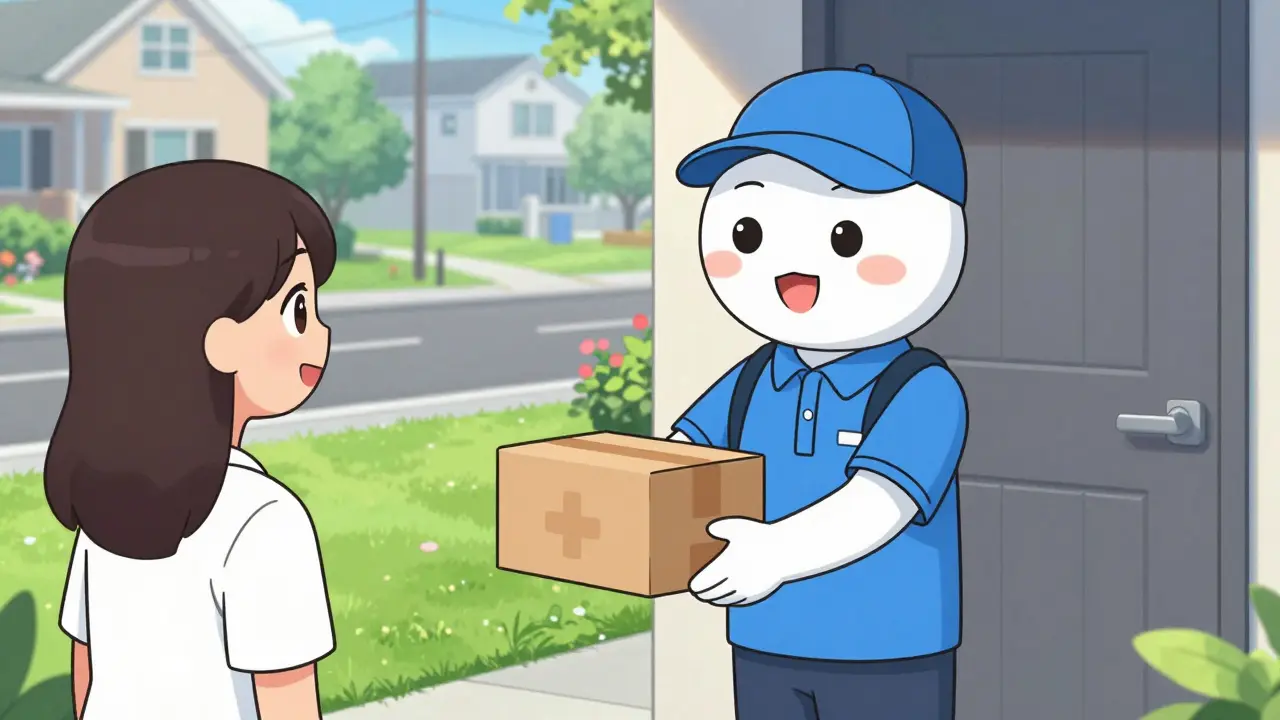 Happy customer receiving medicine package from delivery person