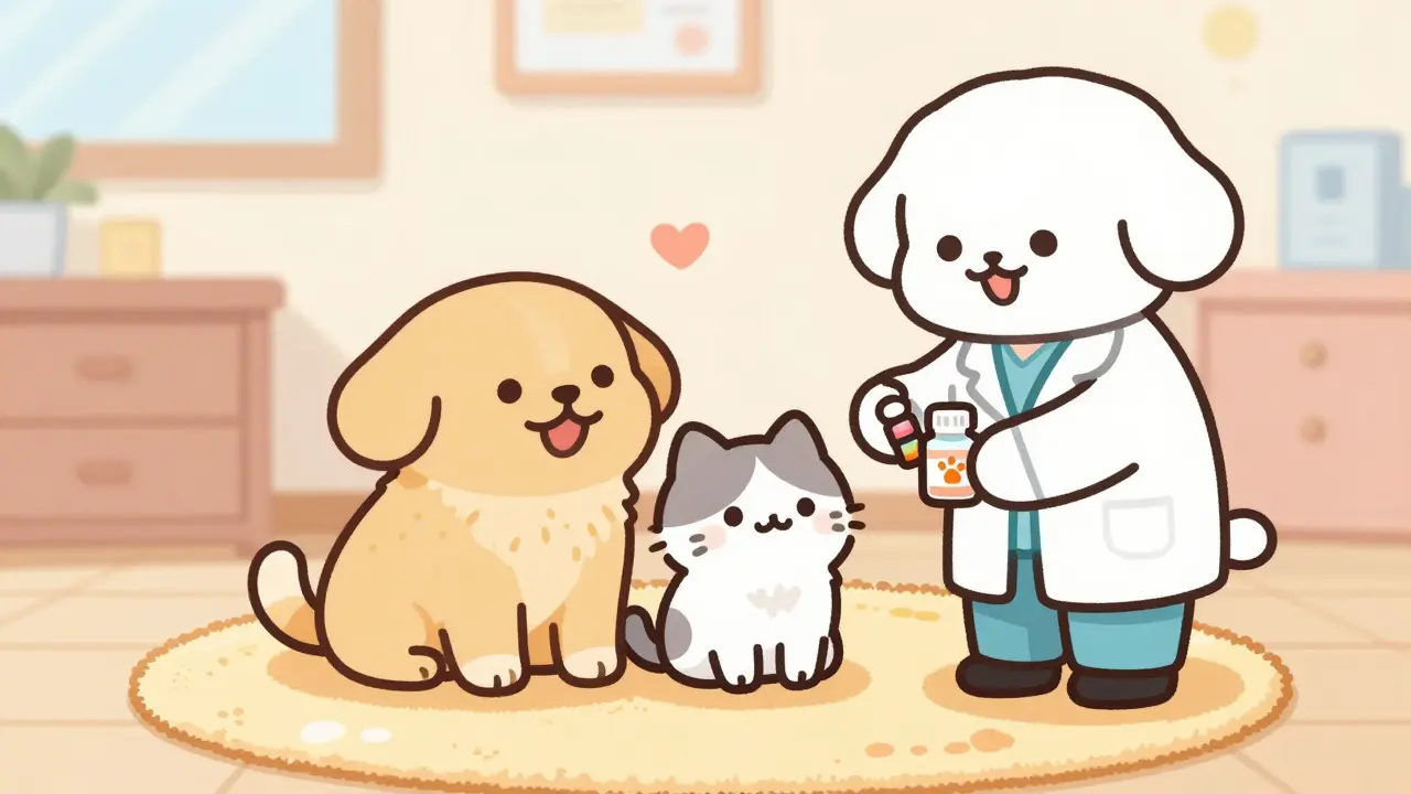 Happy pets receiving medication from a kind veterinarian