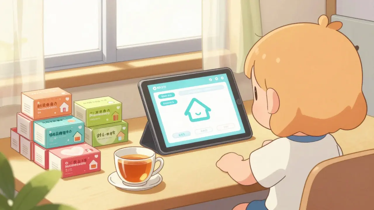 Kawaii character ordering medicine on a tablet in a cozy room