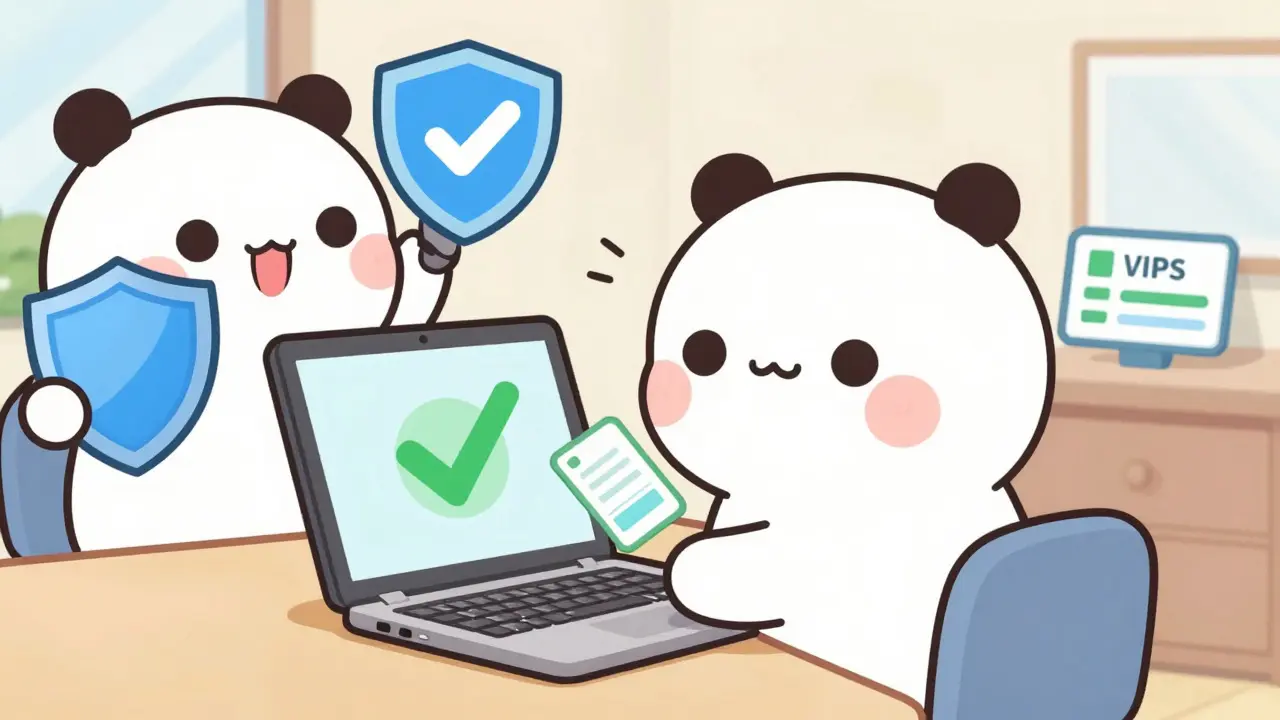 Kawaii character safely ordering meds online with security mascots