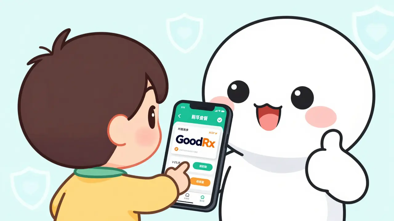 Kawaii character using a phone for safe pharmacy coupons with trust indicators.