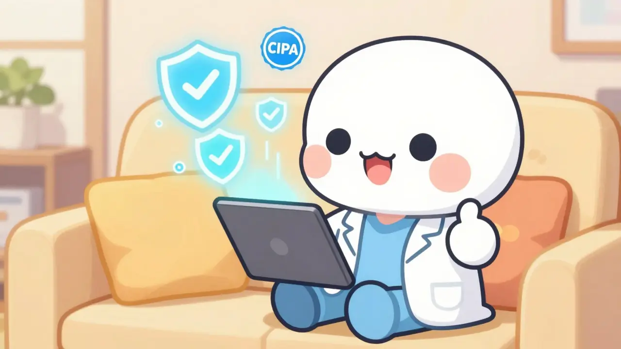 Kawaii character verifying safe online pharmacy with shield icons on tablet