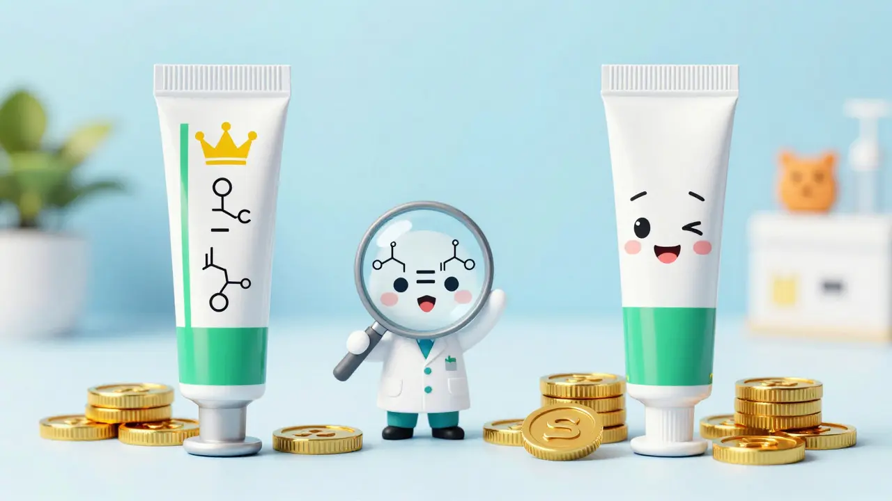 Kawaii illustration comparing expensive brand vs cheap generic medicine tubes