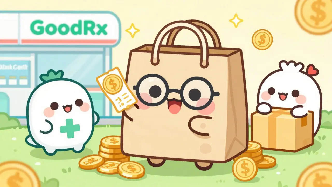 Kawaii mascot collecting savings coupons from pharmacy buildings