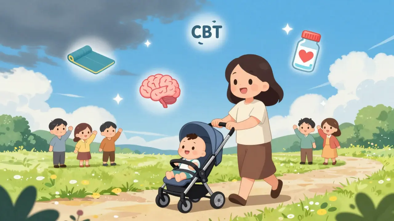 Mother walking in park with baby, symbols of therapy
