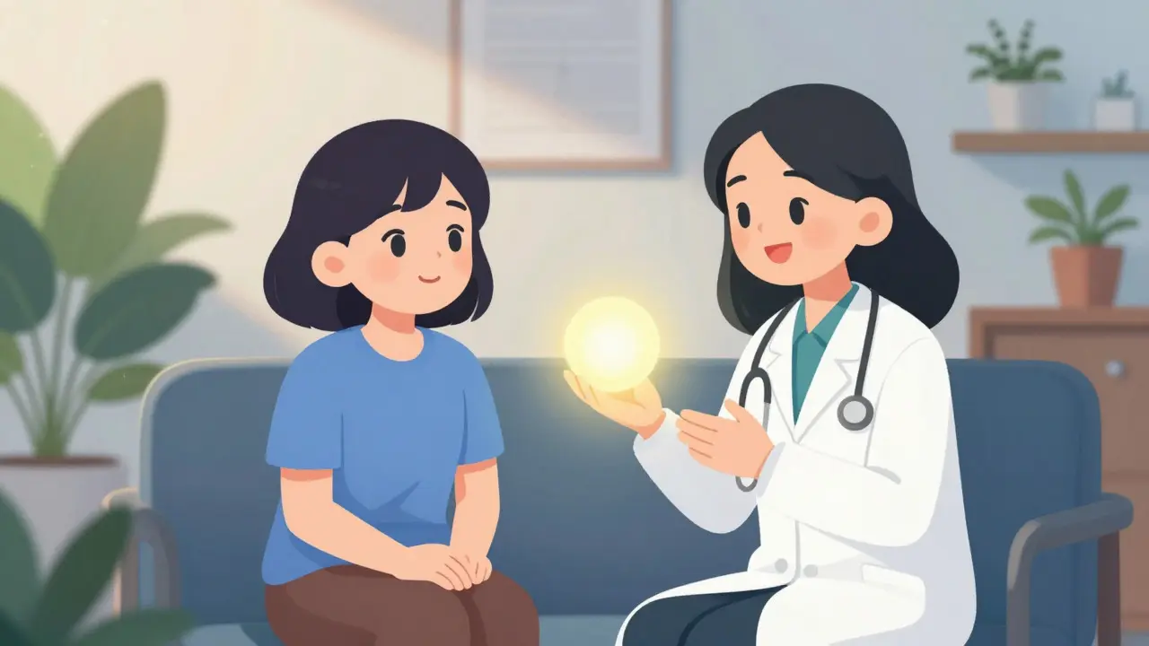 Anime coach and client discussing goals in a bright room