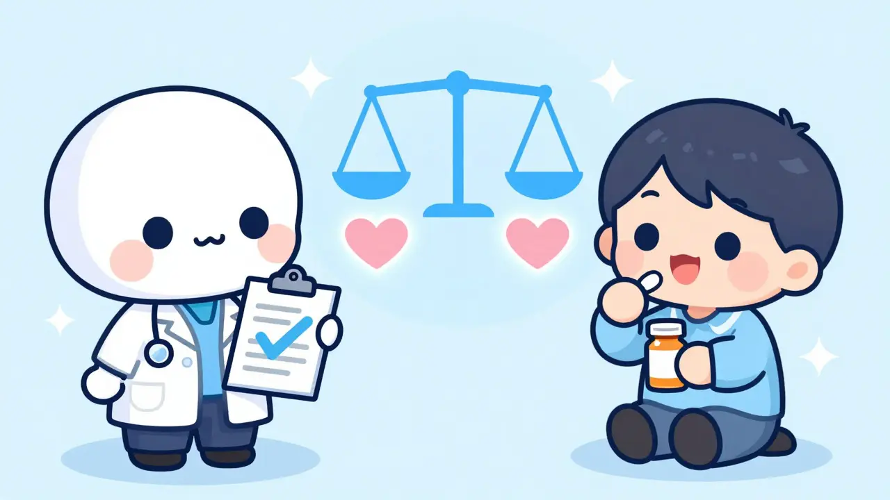 Chibi doctor and patient comparing health outcomes with floating symbols