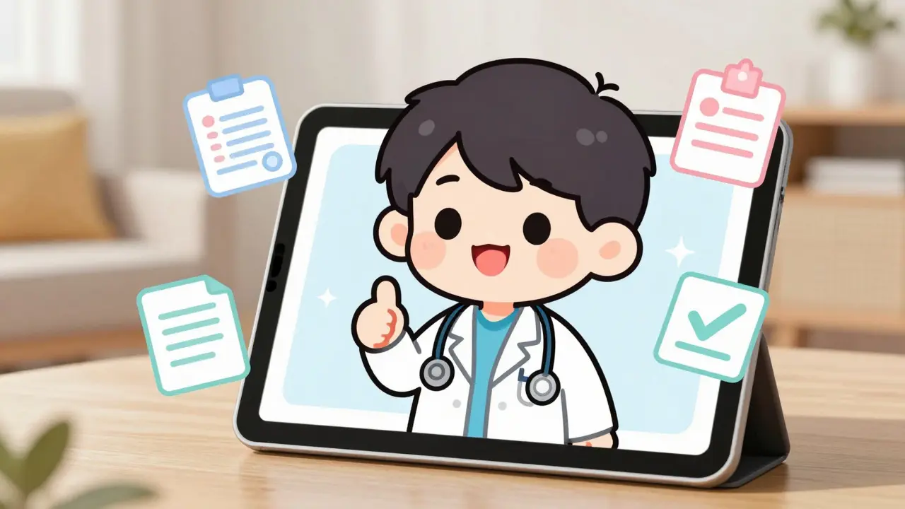 Chibi doctor on tablet screen giving approval for telehealth prescription