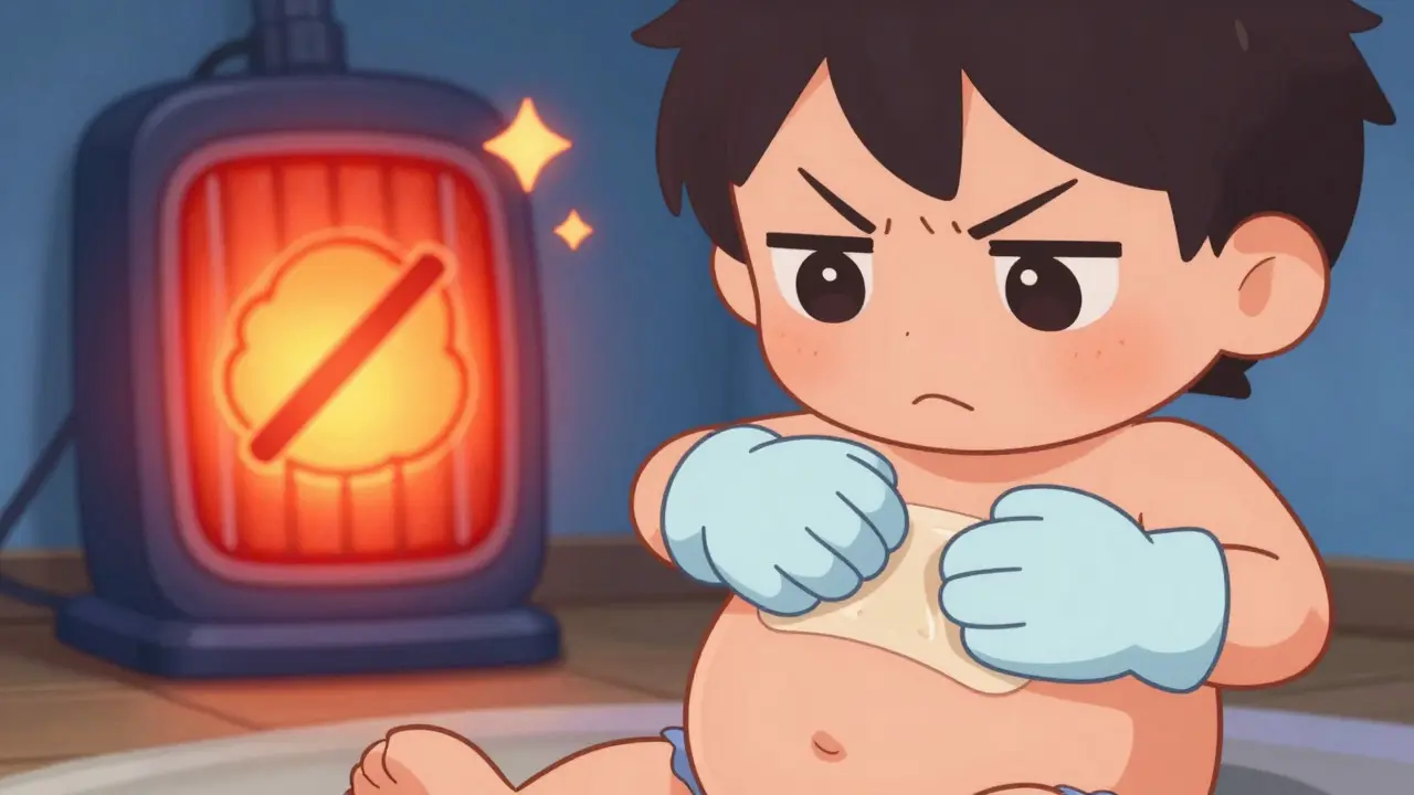 Cute anime character applying a patch while avoiding a glowing heat source in the background