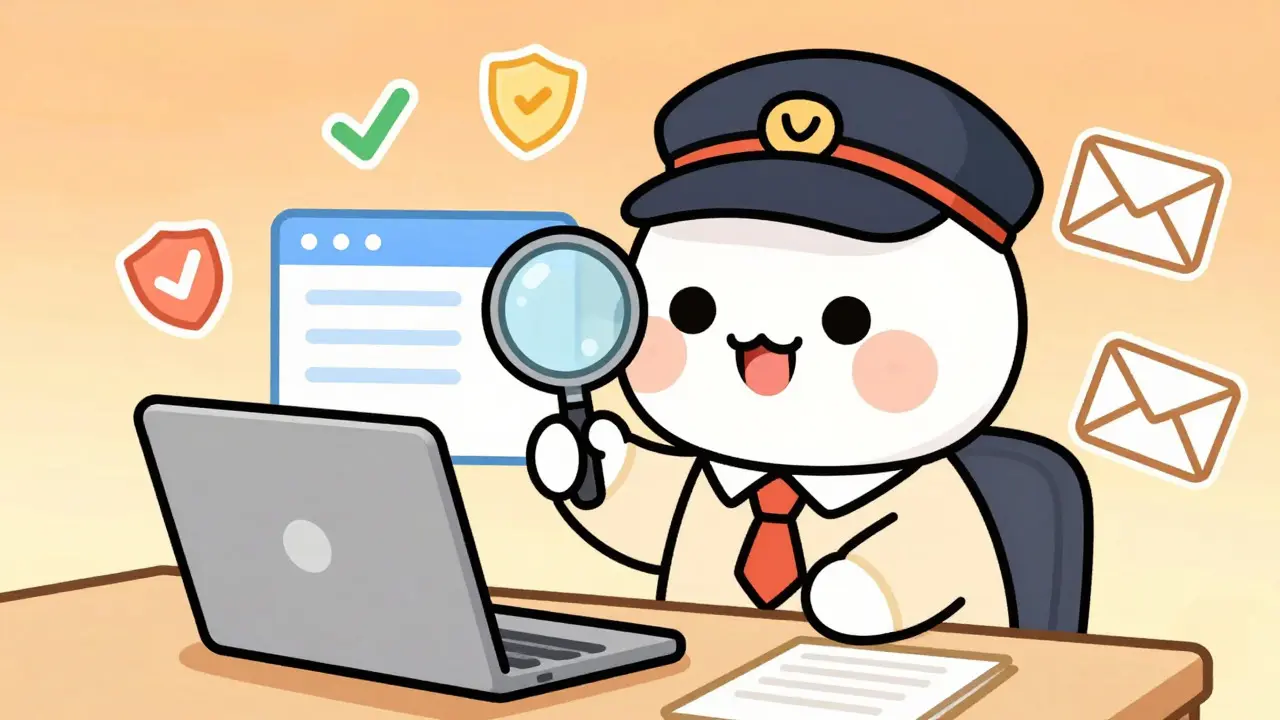 Cute anime character using magnifying glass to verify online pharmacy safety