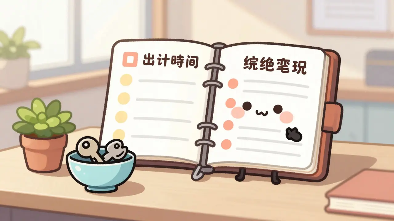 Cute anthropomorphic planner and organized desk items in kawaii style