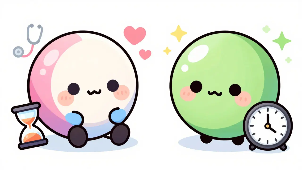Cute chibi characters representing different birth control pill types and timing rules.