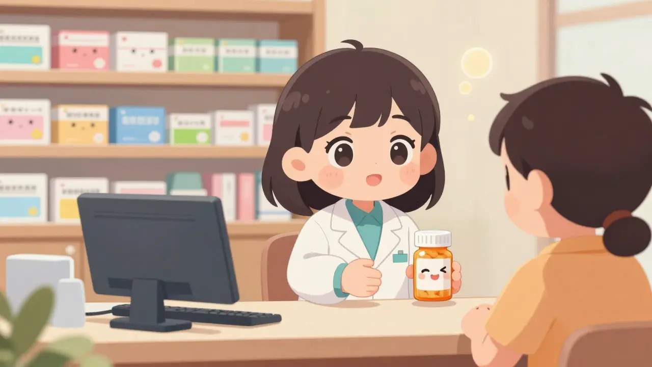 Friendly pharmacist handing a smiling pill bottle to a customer