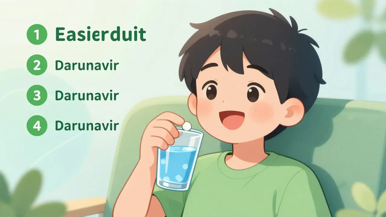 Happy kawaii anime character taking a new pill with water