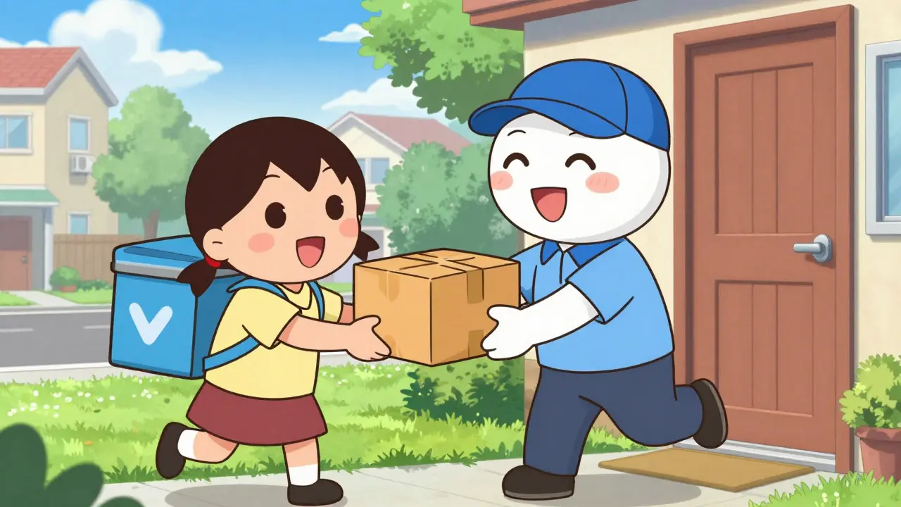 Happy kawaii delivery person handing medicine package to customer