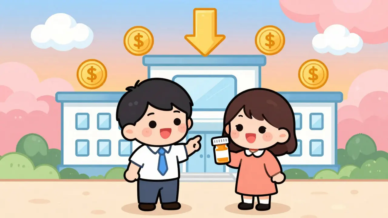 Happy kawaii family outside a hospital with floating coins and clouds