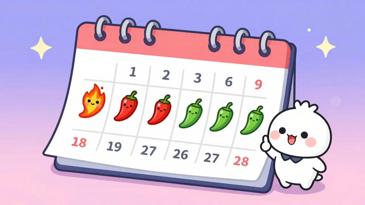Kawaii anime illustration of a calendar with chili icons showing a week-long timeline