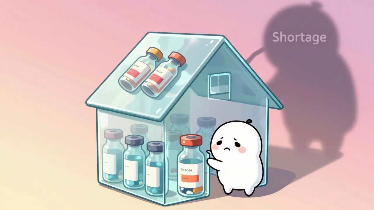 Kawaii character supporting a fragile glass house of medicine bottles against shadows.