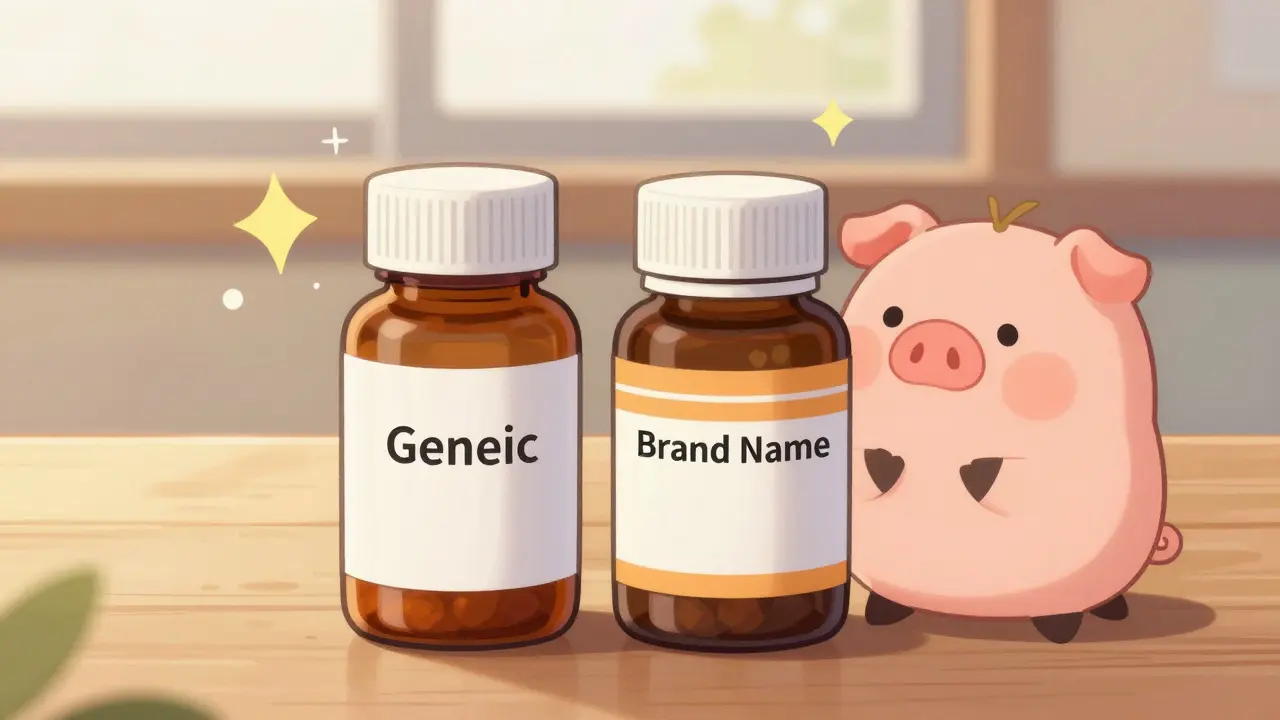 Kawaii illustration comparing cheap generic pills vs expensive brand name