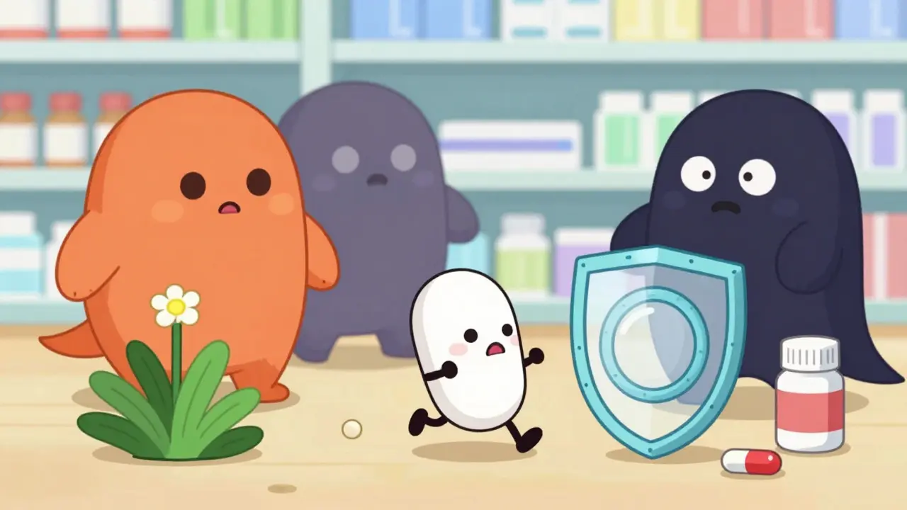 Kawaii pill character protected from herbal supplements and antibiotics by a condom shield.
