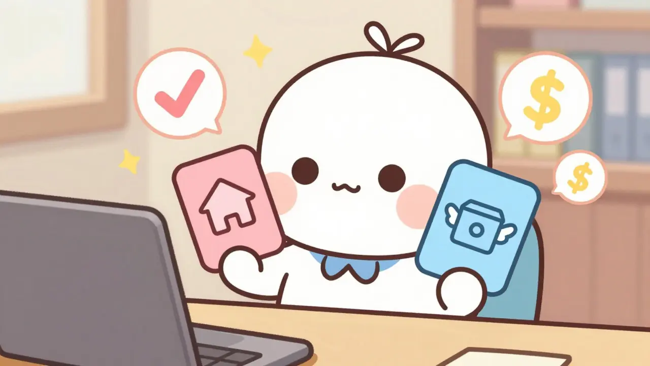 Kawaii style character comparing local and online purchase options