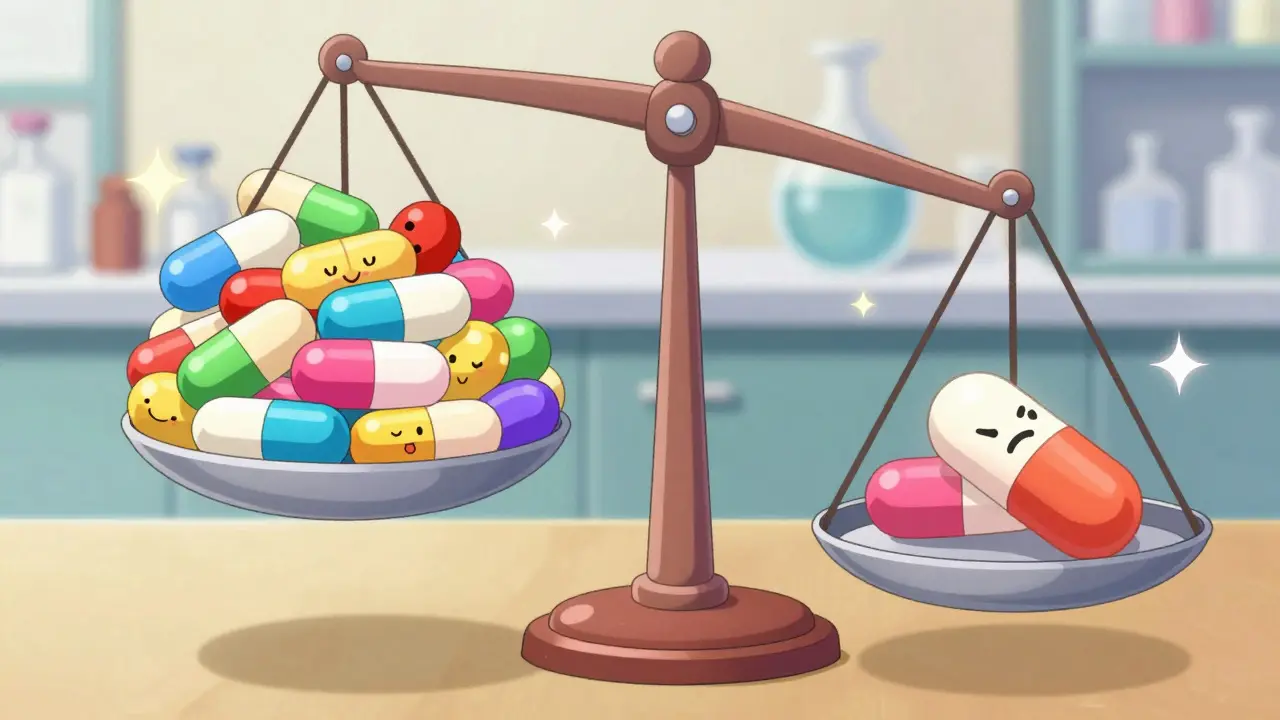 Kawaii style scale showing many happy generic pills outweighing one brand-name pill.
