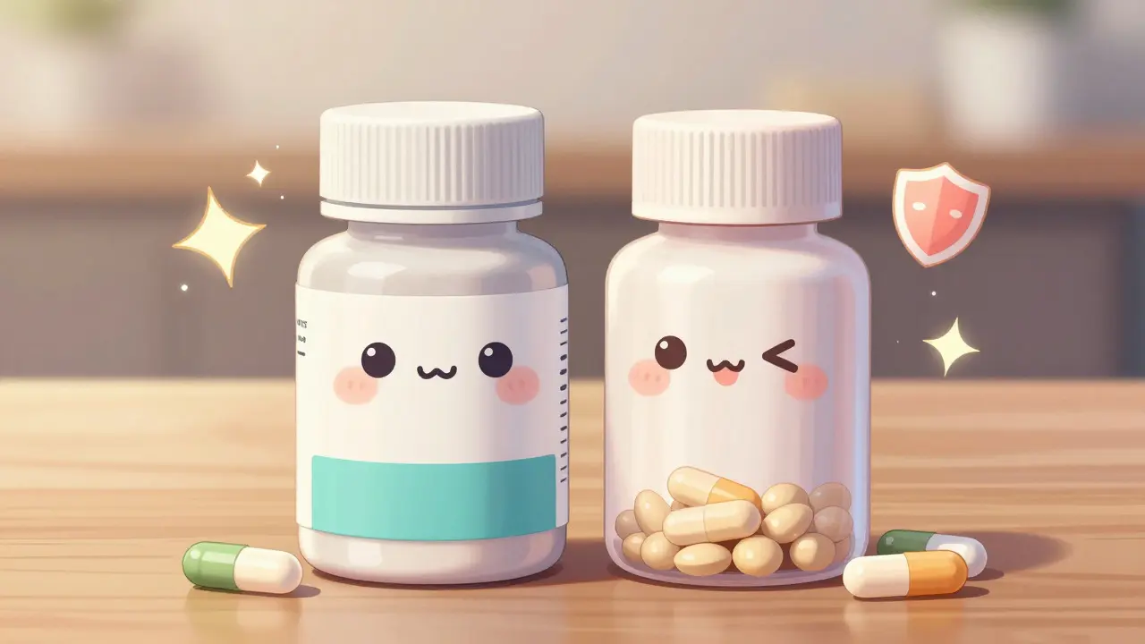 Personified cute pill bottles with safety shield on wooden table