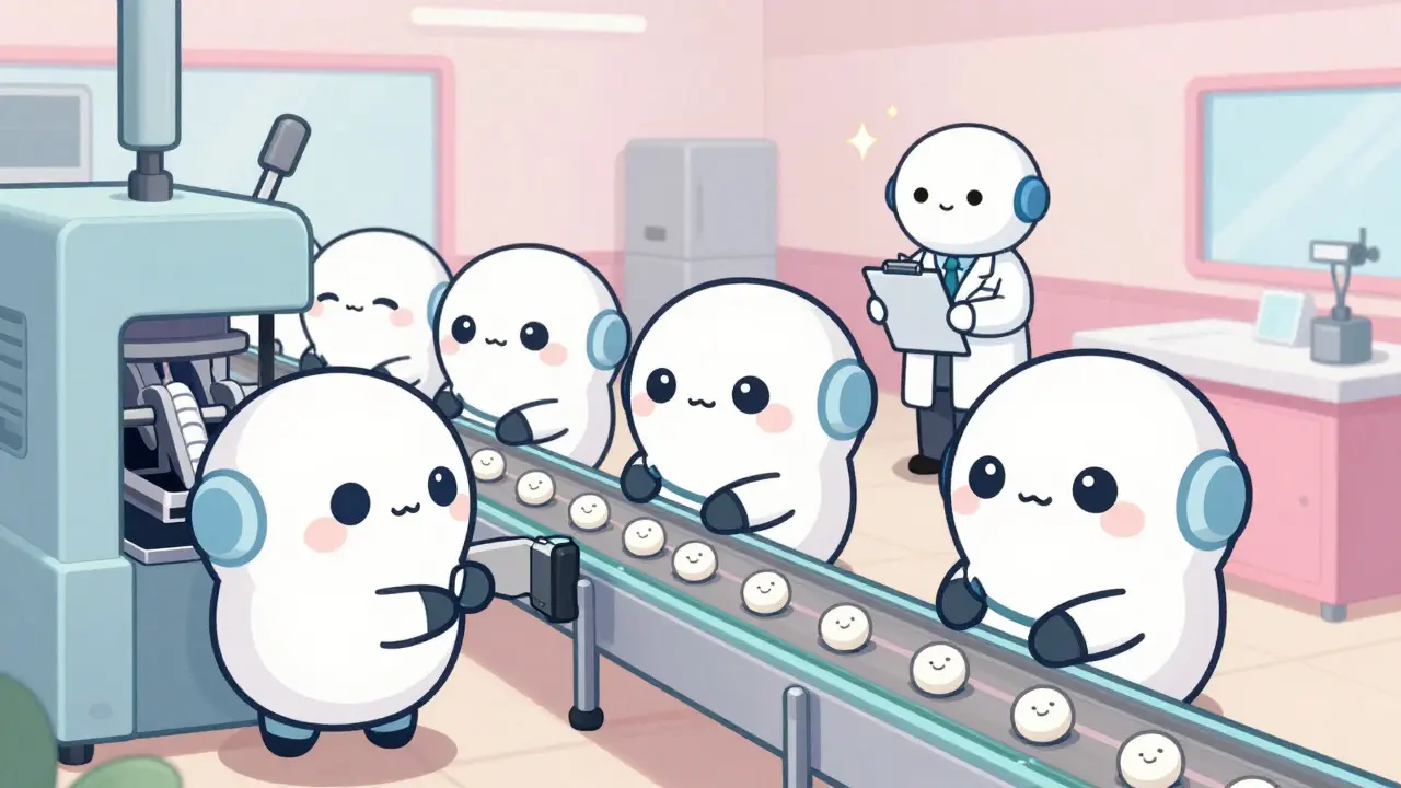 Smiling robots making happy tablets in a kawaii factory scene