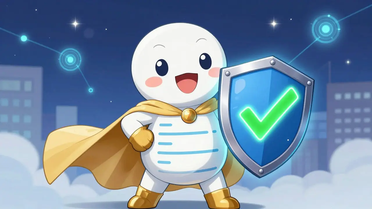Superhero-style anime character holding a safety shield with a checkmark