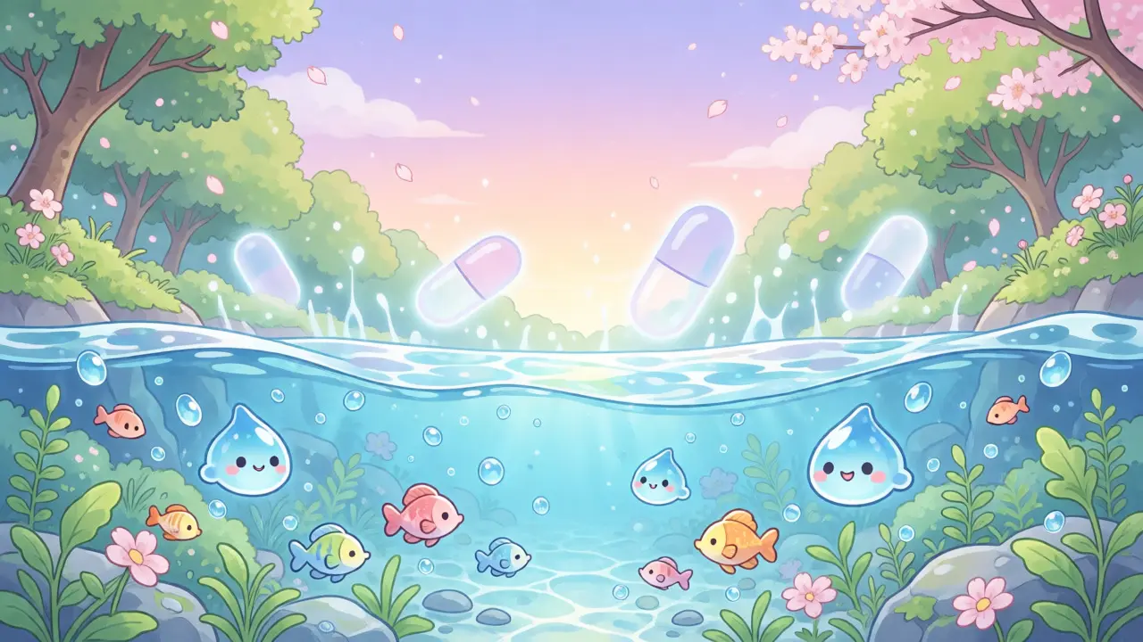 Clean river with happy water droplets blocking pollution