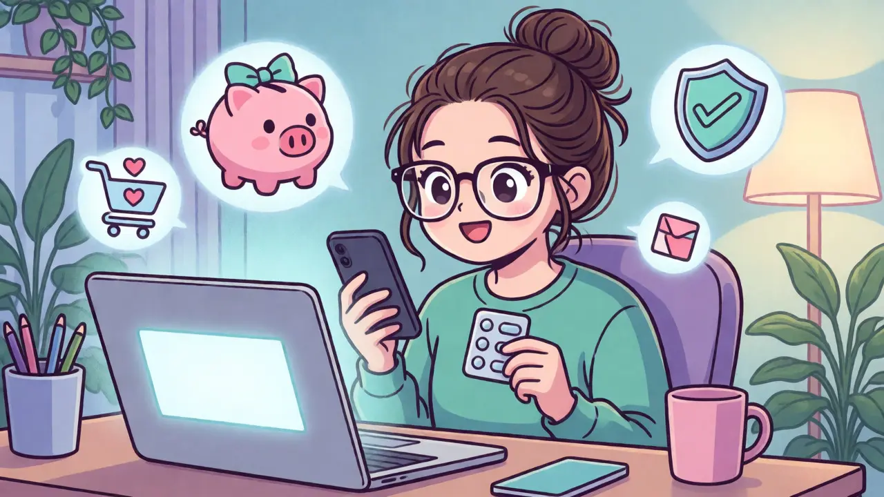 Happy woman with glasses holding pills and phone, surrounded by savings icons
