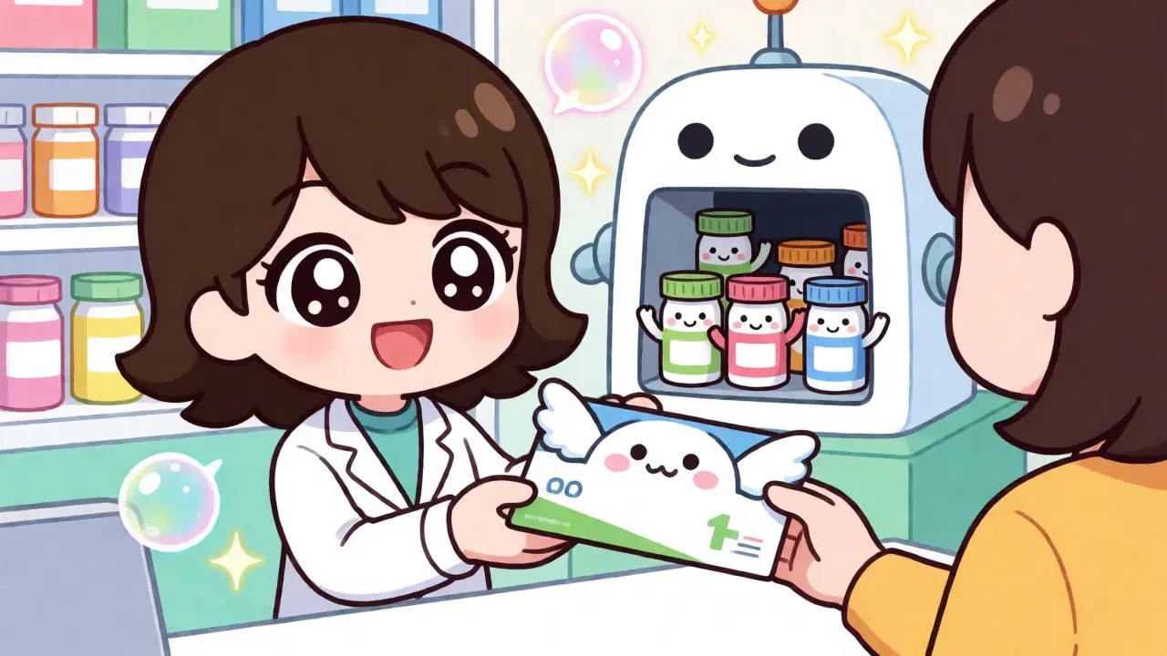 Pharmacist handing a cute winged mail-back envelope