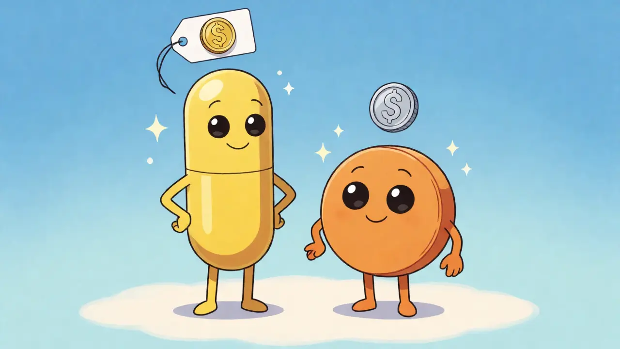 Two cartoon pill characters comparing value with floating coins in anime style